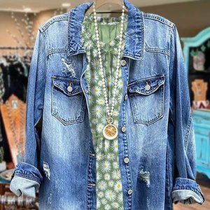 Solid Long Sleeve Cut Out Frayed Hem Denim Jacket
